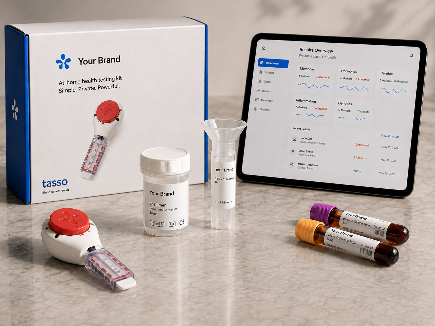 Branded at-home lab collection kit with results dashboard